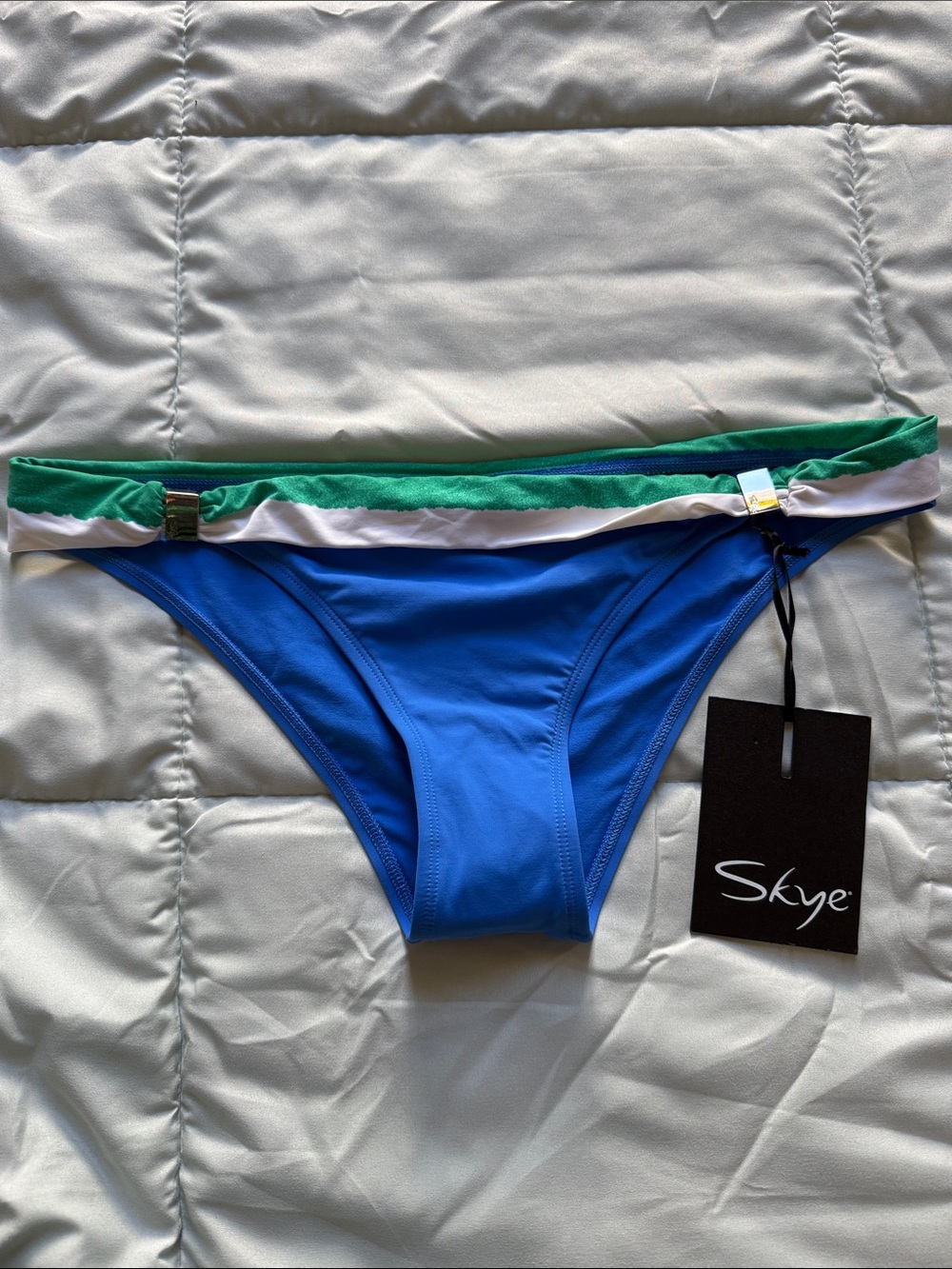 Skye Swimwear Blue Bikini Bottom with Green and White Trim
